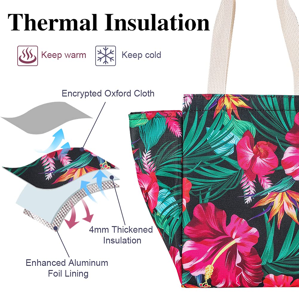 iknoe Insulated Lunch Bag for Women & Men - 9L Reusable Thermal Lunch Tote, Large Portable Cooler for Work, Office, Picnic, Beach & Outdoor Activities (Botanical Design)