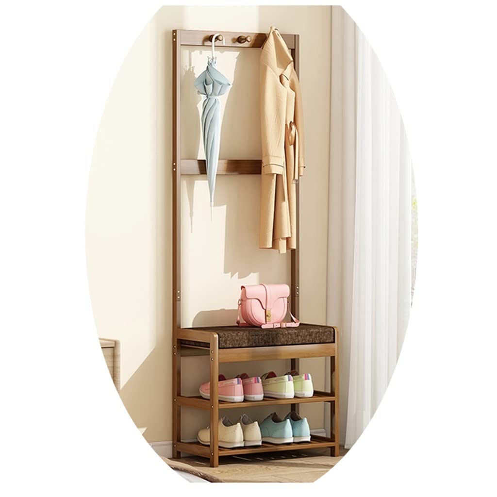 4-in-1 Wooden Coat Rack & Shoe Bench - Freestanding Entryway Hall Tree with 2-Tier Storage Shelf & Hooks - Entryway Organizer for Shoes, Coats & Accessories (50x27x148cm, Natural Wood) - Perfect for Small Spaces, Apartments & Mudroom Organization