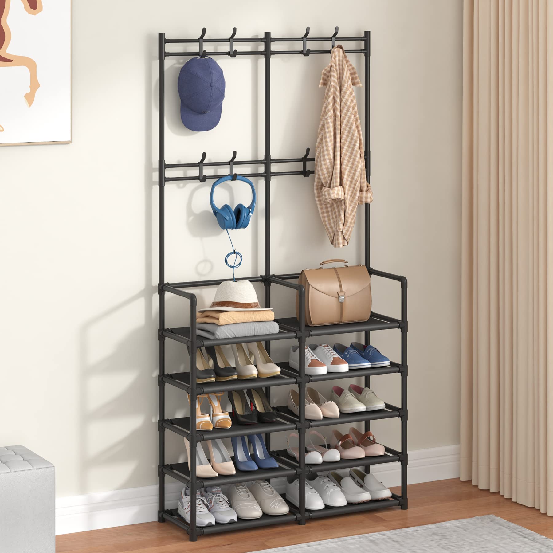 Laiensia 5-Tier Entryway Coat Rack with Shoe Storage & 8 Hooks - Space Saving Hallway Organizer Bench for Jackets, Bags, Shoes - Perfect for Bedroom, Office, Living Room & Small Apartment Entryway Organization