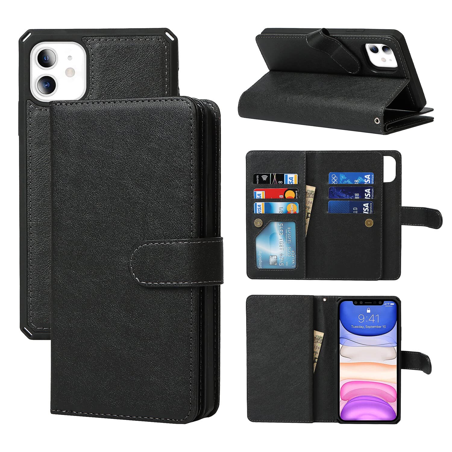 Magnetic Detachable Wallet Case for iPhone 11 - 2 in 1 PU Leather Flip Cover with 6 Card Slots & Money Pocket, Wrist Strap Included (Black) - Perfect for Daily Commute, Shopping & Travel Protection