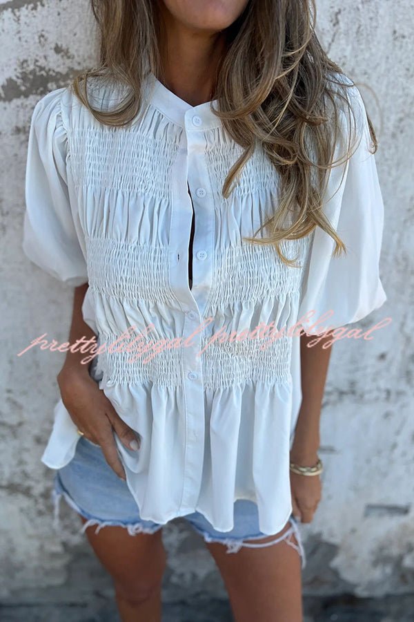 Solid Color Round Neck Button Pleated Short Sleeve Casual Shirt for Women - Summer Office Wear & Weekend Outfits