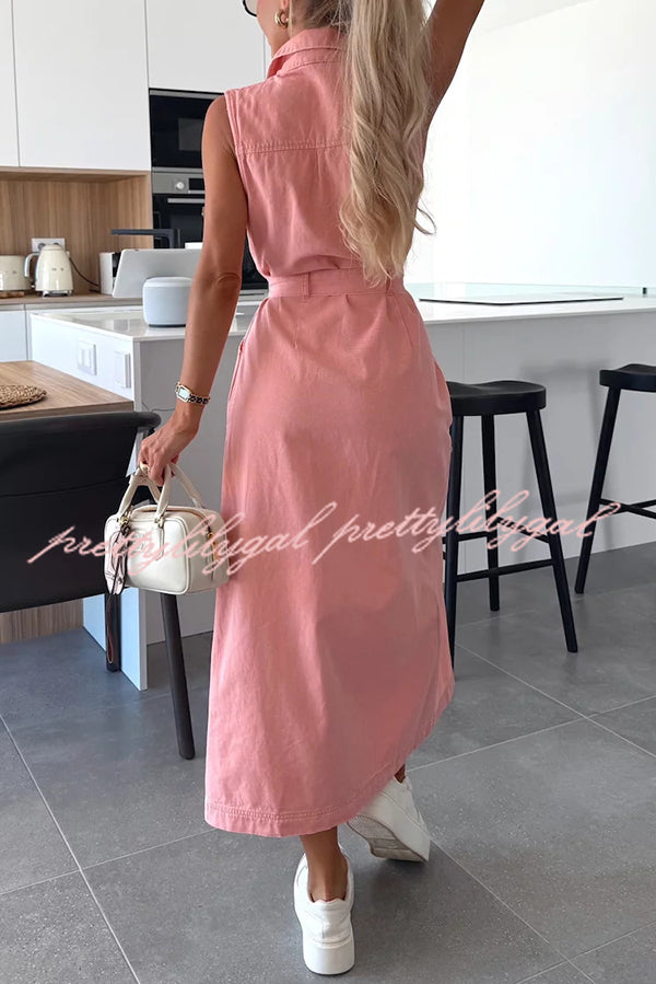 Solid Color Sleeveless Denim Midi Dress with Waist Tie & Pockets - Casual Summer Dress for Women, Perfect for Beach Outings, Picnics, and Weekend Brunch