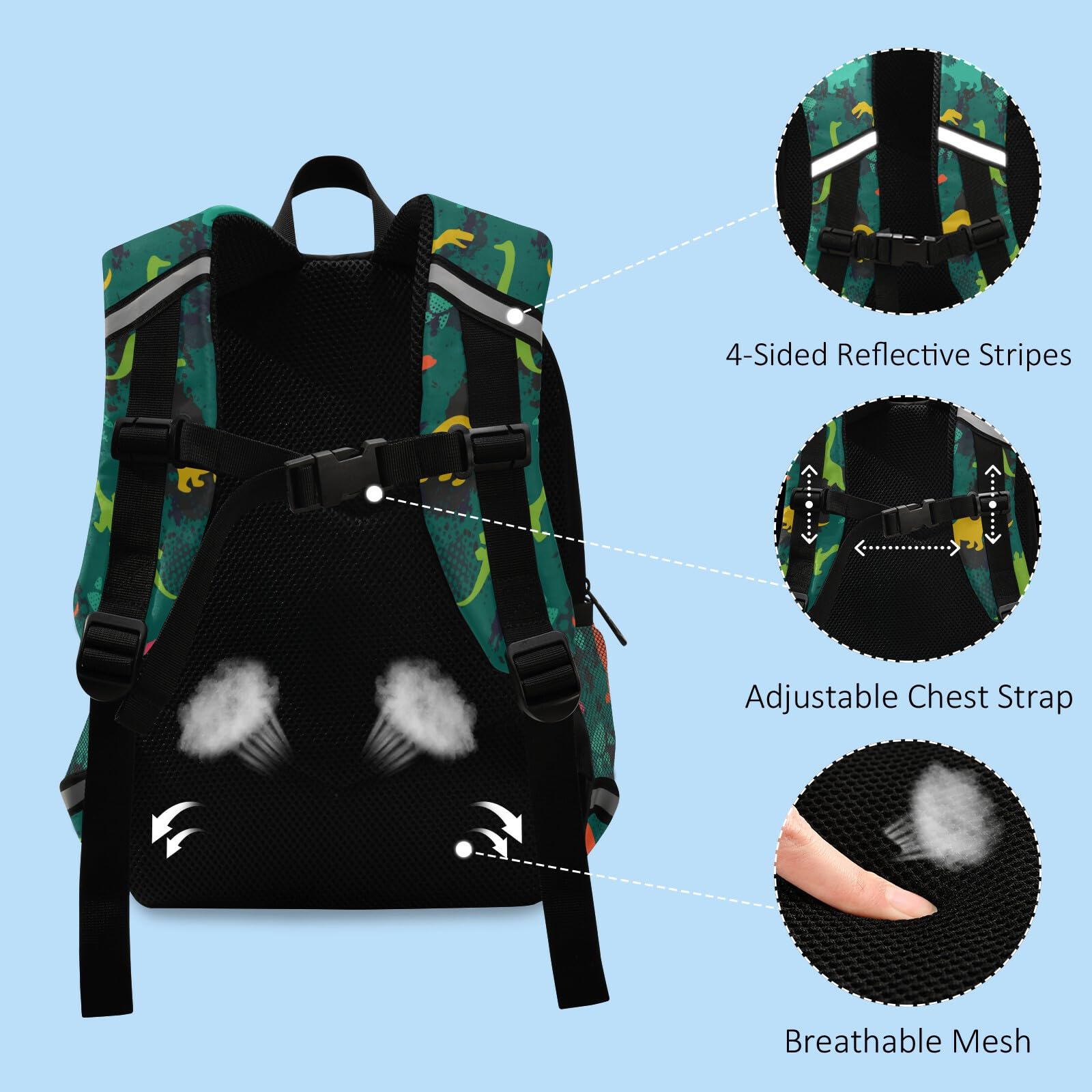 ZZKKO Dinosaur Themed Kids Backpack with Safety Leash - Anti-Lost Toddler Backpack for Boys & Girls, Preschool Daycare Bag (Green) - Perfect for School, Travel & Outdoor Adventures