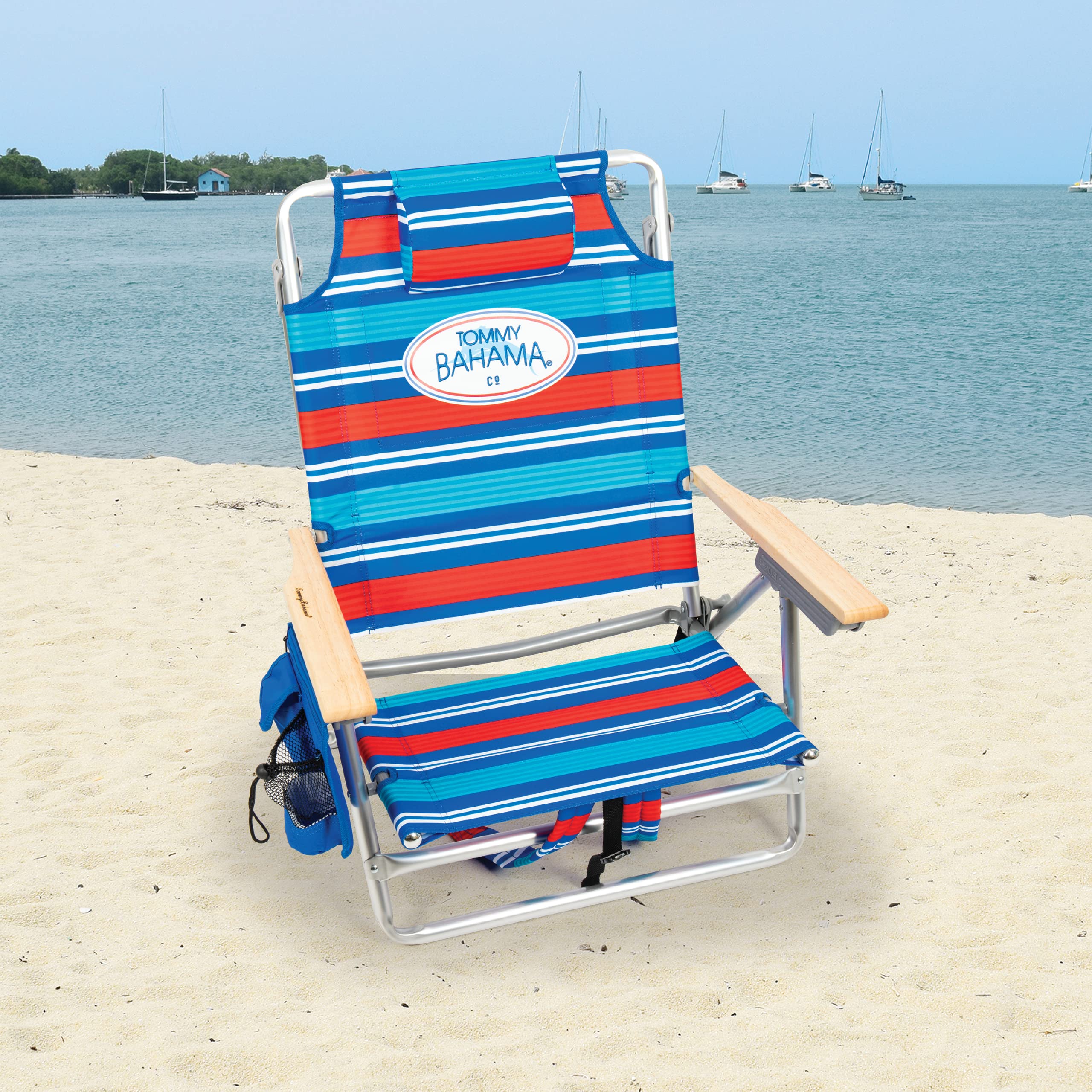 Tommy Bahama 2-Pack 5-Position Reclining Beach Chairs with Built-in Cooler, Storage Pouch & Towel Bar - Red White Blue Stripe | Perfect for Poolside Relaxation, Backyard Lounging & Beach Vacations