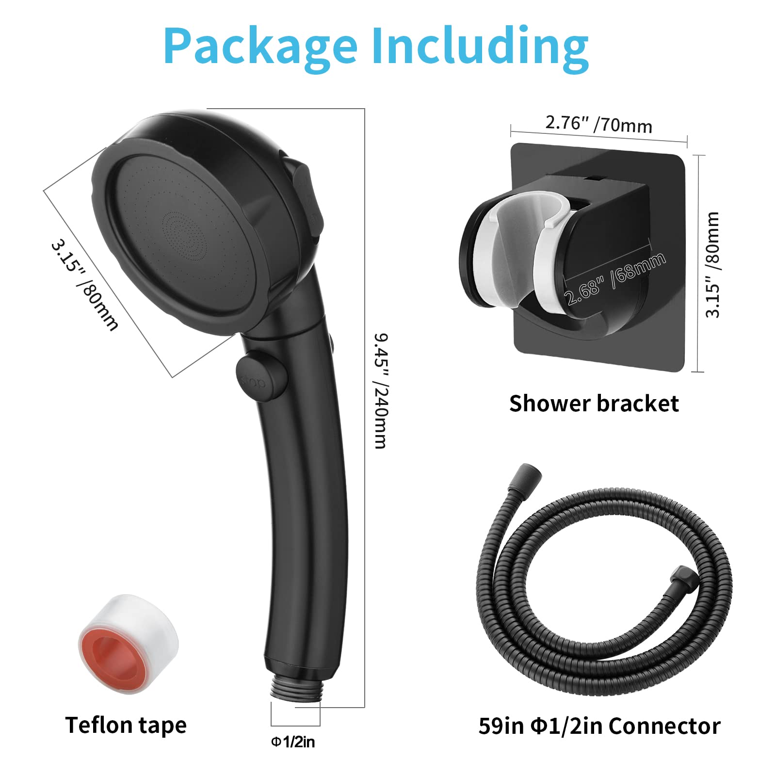 High Pressure Handheld Shower Head with Hose & On/Off Switch - Detachable RV Shower Head with Adjustable Holder (Black) for Camping, Travel & Home Bathroom Use