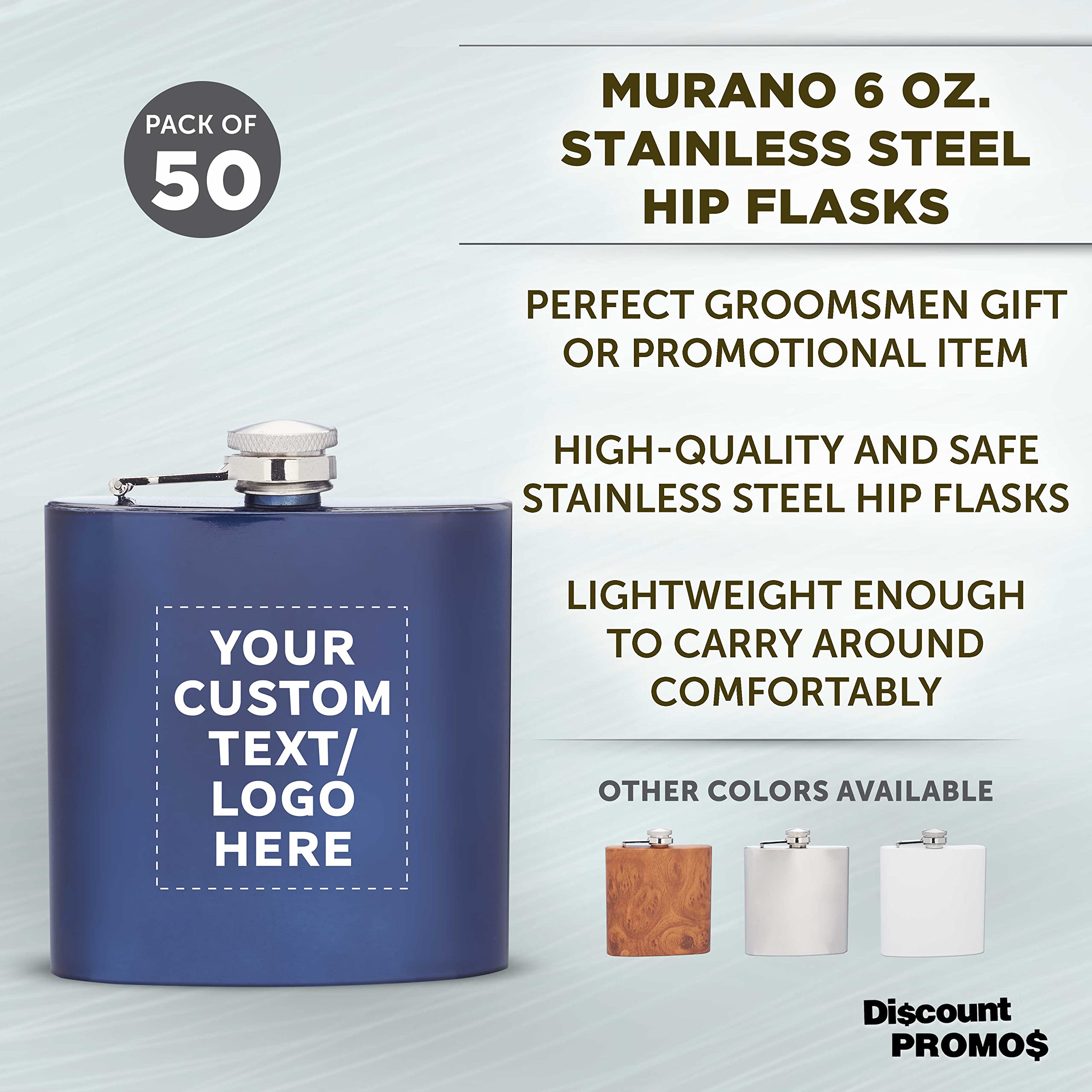 50-Pack Personalized Stainless Steel Hip Flasks 6oz - Engraved Wedding Party Gifts, Groomsmen Gifts & Outdoor Accessories - Screw Top Cap, Durable Murano Design in Blue | Perfect for Camping, Hiking, Bachelor Parties & Corporate Events