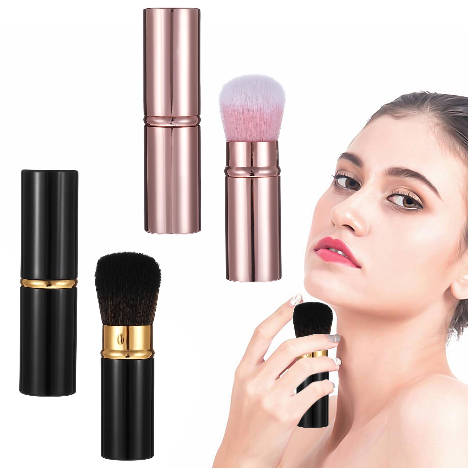 Retractable Travel Makeup Brushes Set for Women - Foundation & Blush - Gold & Black - Perfect for On-the-Go Beauty