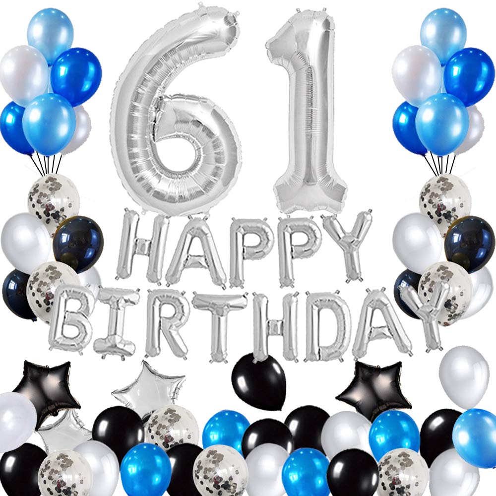 61st Birthday Party Decorations Set - Foil Happy Birthday Banner, Number 61 & Star Balloons, 47pcs Blue & Silver Latex Balloons for Milestone Celebrations, Retirement Parties & Anniversary Decor