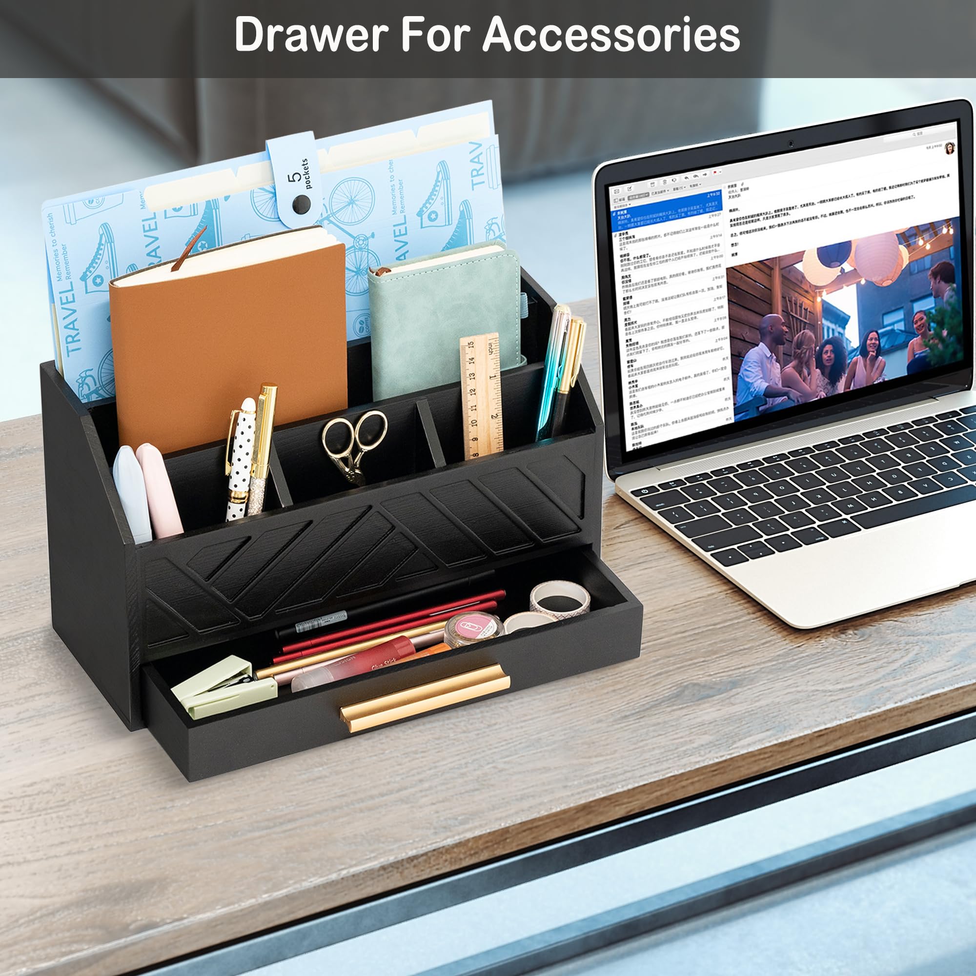 Modern Black Wood Desk Organizer with Drawer - Office Supplies Mail & Bill Organizer, File Holder - Stylish Workspace Accessories for Home Office, Study Desk & Professional Workspaces