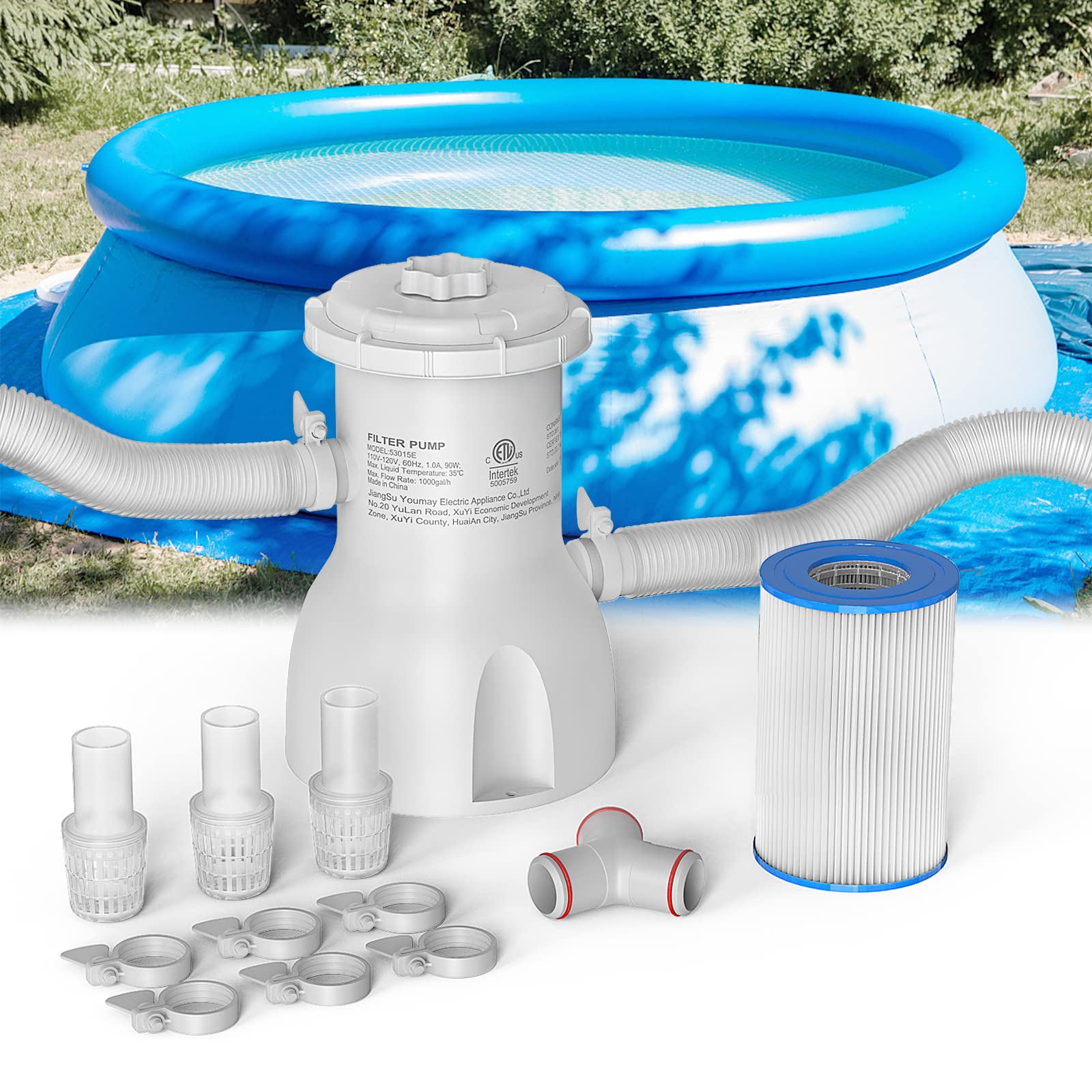 800 GPH Above Ground Pool Filter Pump with Cartridge - Electric Swimming Pool Water Pump & Sand Cleaning Tool Set for Inground & Above Ground Pools - Perfect for Backyard, Garden & Outdoor Pool Maintenance