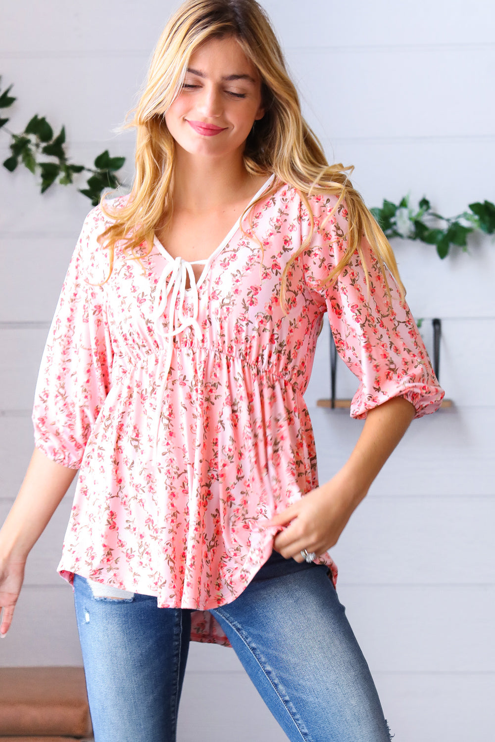 Pink Floral Stripe V-Neck Knit Top for Women - Casual Chic Blouse for Spring Outfits & Date Nights
