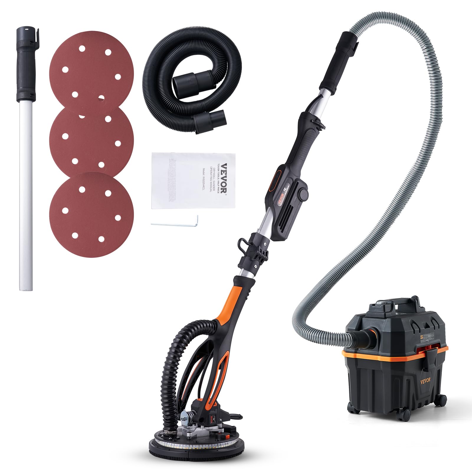 VEVOR 800W Brushless Electric Drywall Sander with Variable Speed 1000-2300 RPM - Foldable Ceiling Sander with LED Lights, Extendable Handle & 12 Sanding Discs - Perfect for Wall Repair, Home Renovation and Professional Construction Projects