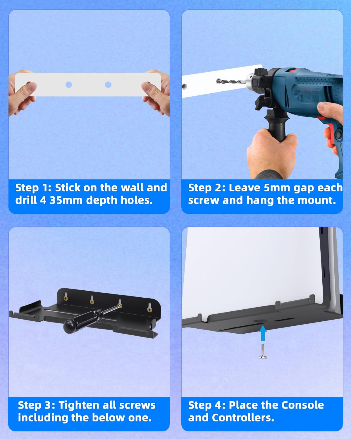 PS5 Slim Wall Mount Stand with 2 Removable Controller Holders - Floating Gaming Shelf for PS5 Slim Console - Secure Screw Fixing for Wall or Behind TV - Perfect for Small Spaces & Organized Gaming Setup