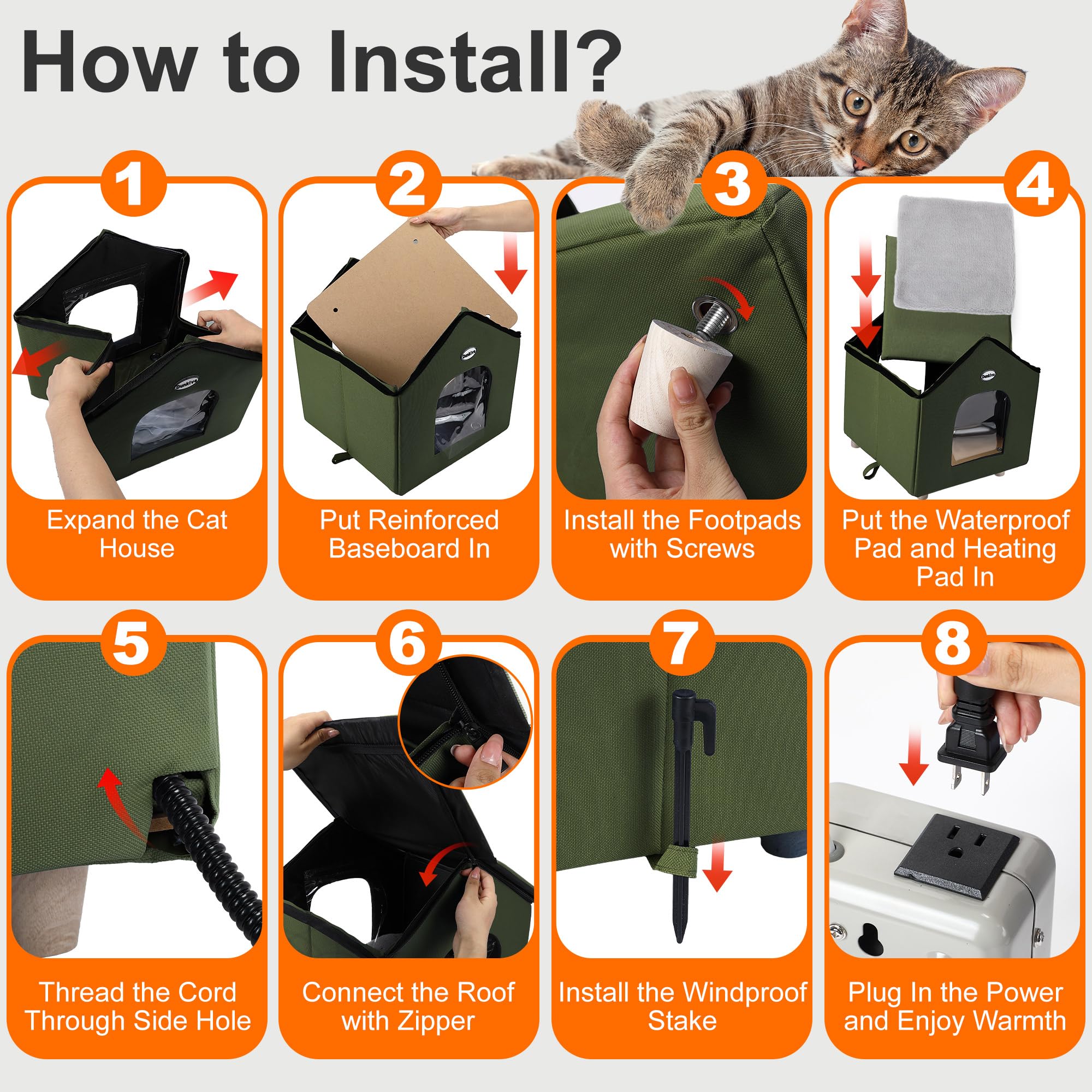 Heated Cat House - Weatherproof Outdoor Shelter with Heated Bed for Winter, Feral Cats & Small Pets - Green