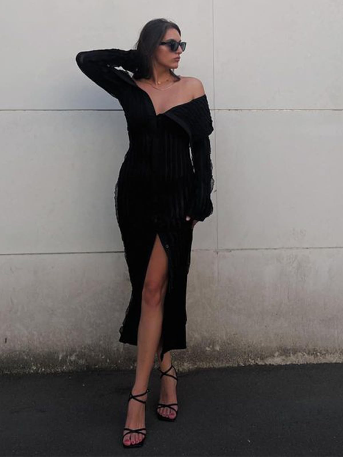 Mojessy Women's Sexy Off Shoulder Ruffle Long Sleeve Button Down See Through Bodycon Maxi Dress for Party, Date Night & Special Occasions