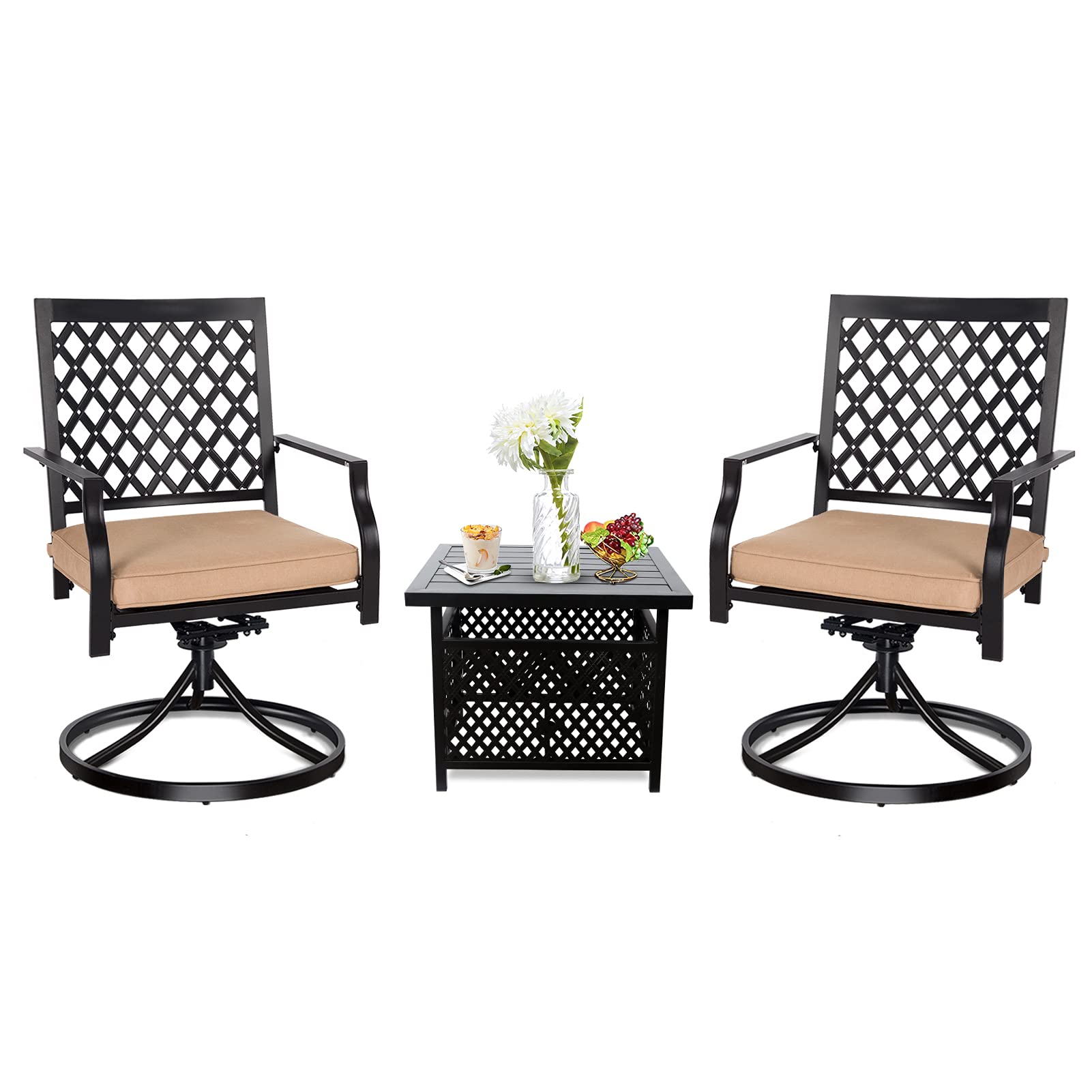 2-Piece Outdoor Swivel Dining Chair Set with Cushions & Side Table - Patio Rocking Chairs with Umbrella Hole for Garden, Backyard, Bistro, Balcony - Perfect for Relaxing, Entertaining & Outdoor Dining
