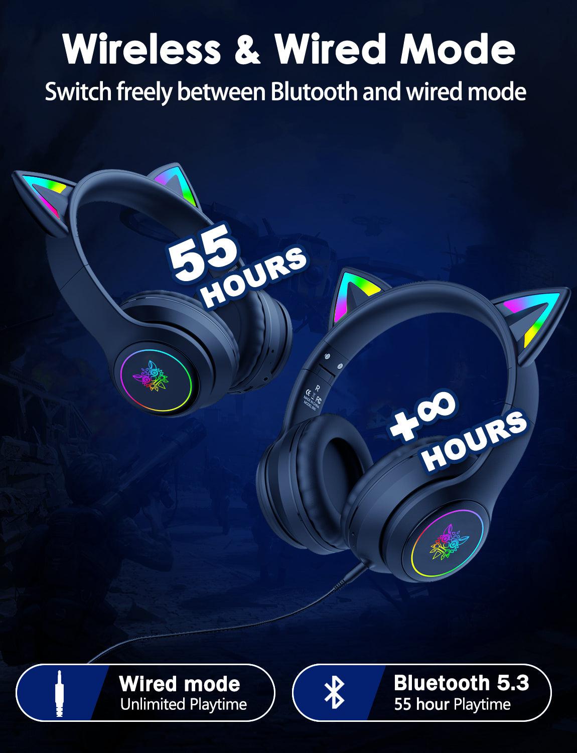 Onikuma B90 RGB Cat Ear Bluetooth 5.0 Wireless Gaming Headset with Microphone - Lightweight Over-Ear Headphones for PC, PS4, Xbox, Mobile Gaming - Perfect for Streaming, Esports & Late-Night Gaming Sessions