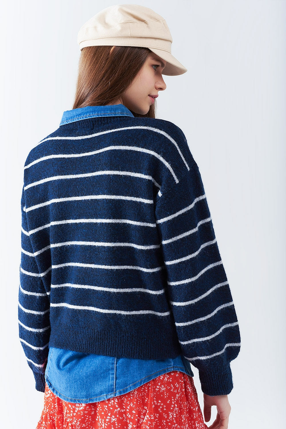 Blue Striped Pullover with Red Heart Detail - Perfect for Casual Outfits, Date Nights & Cozy Winter Wear