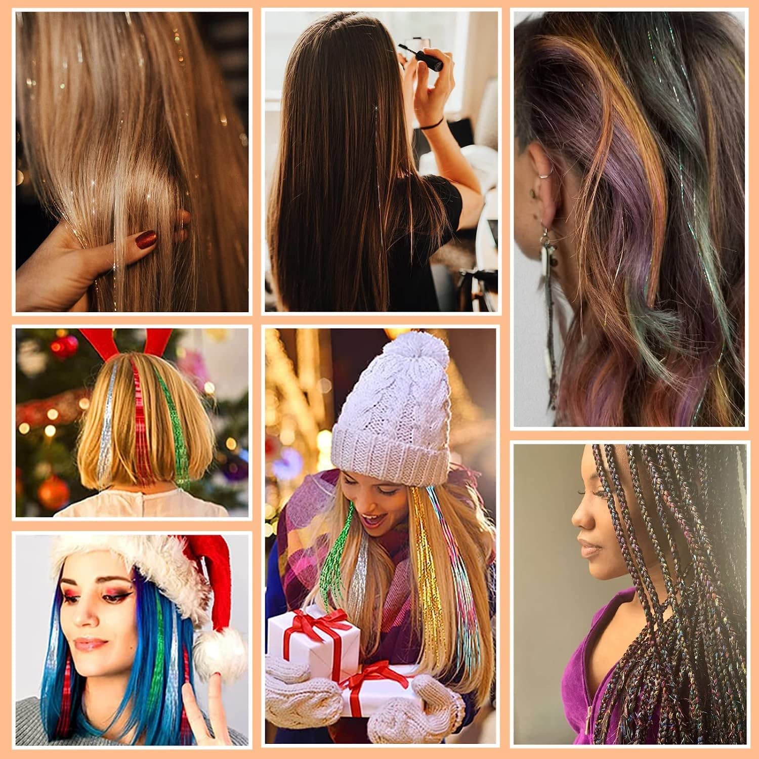 6pcs Hair Tinsel Extensions (40 Inch, 6 Colors, 2400 Strands) - Shimmery Fairy Hair Glitter for Highlights & Party Hairstyles - Perfect for Festivals, Weddings & Special Occasions