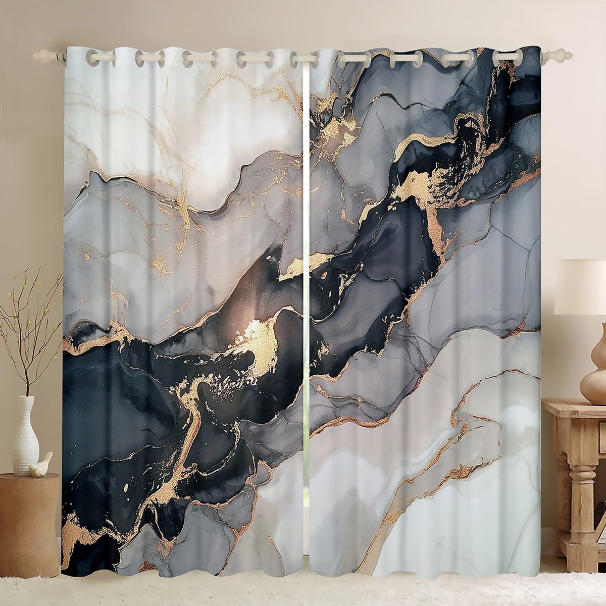 Blackout Curtains 84x63 Inches - Modern Black & Grey Marble Print Window Drapes for Living Room, Bedroom, Gothic Decor | Abstract Art Tie-Dye Design for Teens & Young Adults | Black, White & Gold Marble Panels