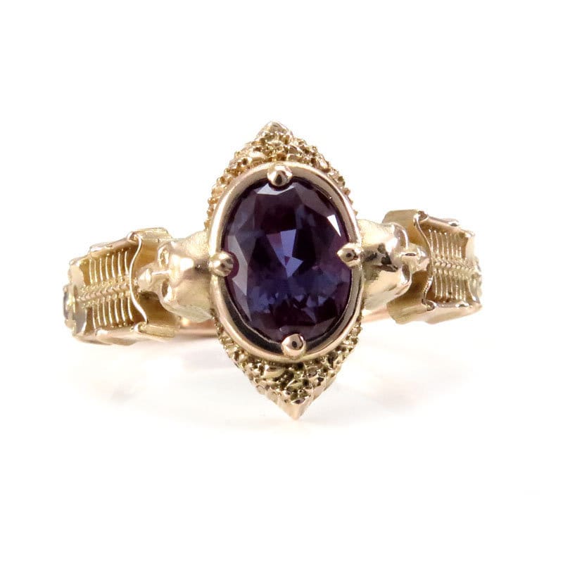 14k Rose Gold Haunted Catacomb Gothic Skeleton Engagement Ring - Unique Alexandrite Wedding Band for Alternative Brides & Dark Romance Lovers | Perfect for Gothic Weddings, Halloween Proposals & Vampire-Themed Anniversaries