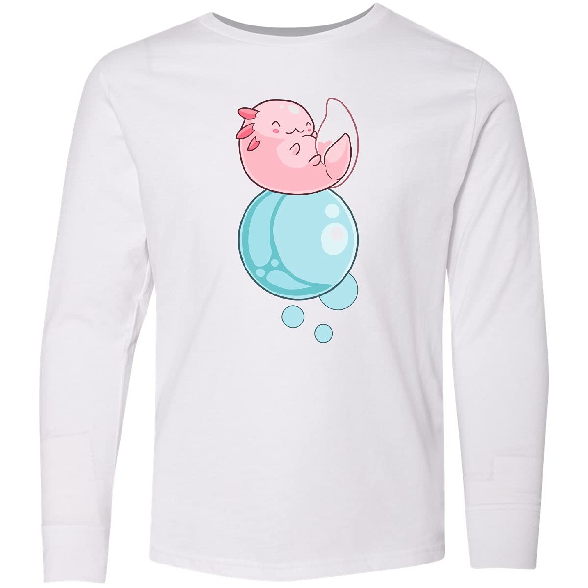 Inktastic Cute Axolotl Sitting on Bubble Youth Long Sleeve T-Shirt - Soft Cotton Tee for Kids & Teens, Perfect for School, Casual Wear & Animal Lovers Gifts