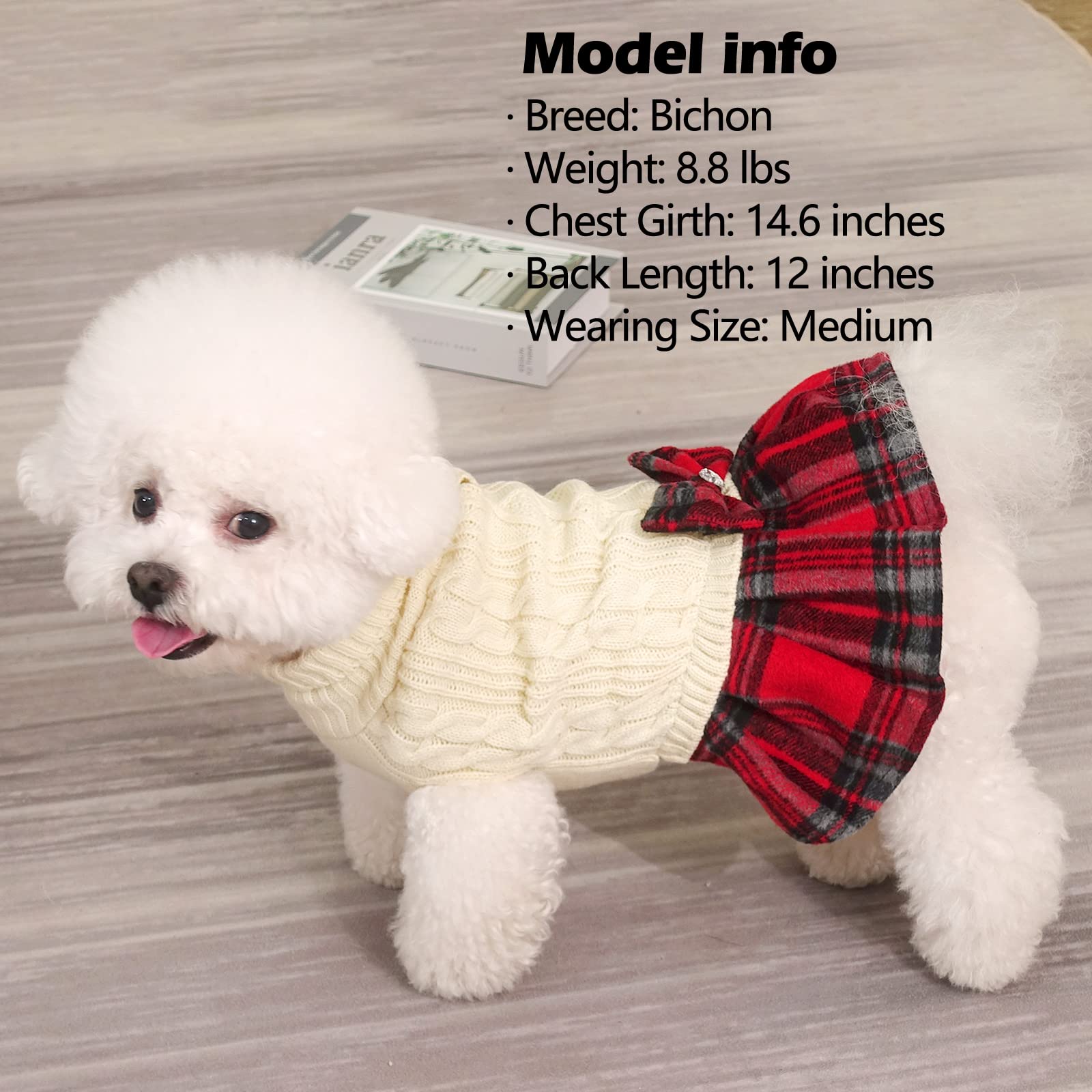 KYEESE Medium Dog Sweater Pullover with Bowtie - Buffalo Check Turtleneck Dog Sweater Dress for Small to Medium Dogs - Perfect for Winter Outfits, Christmas Photos & Indoor Cozy Wear
