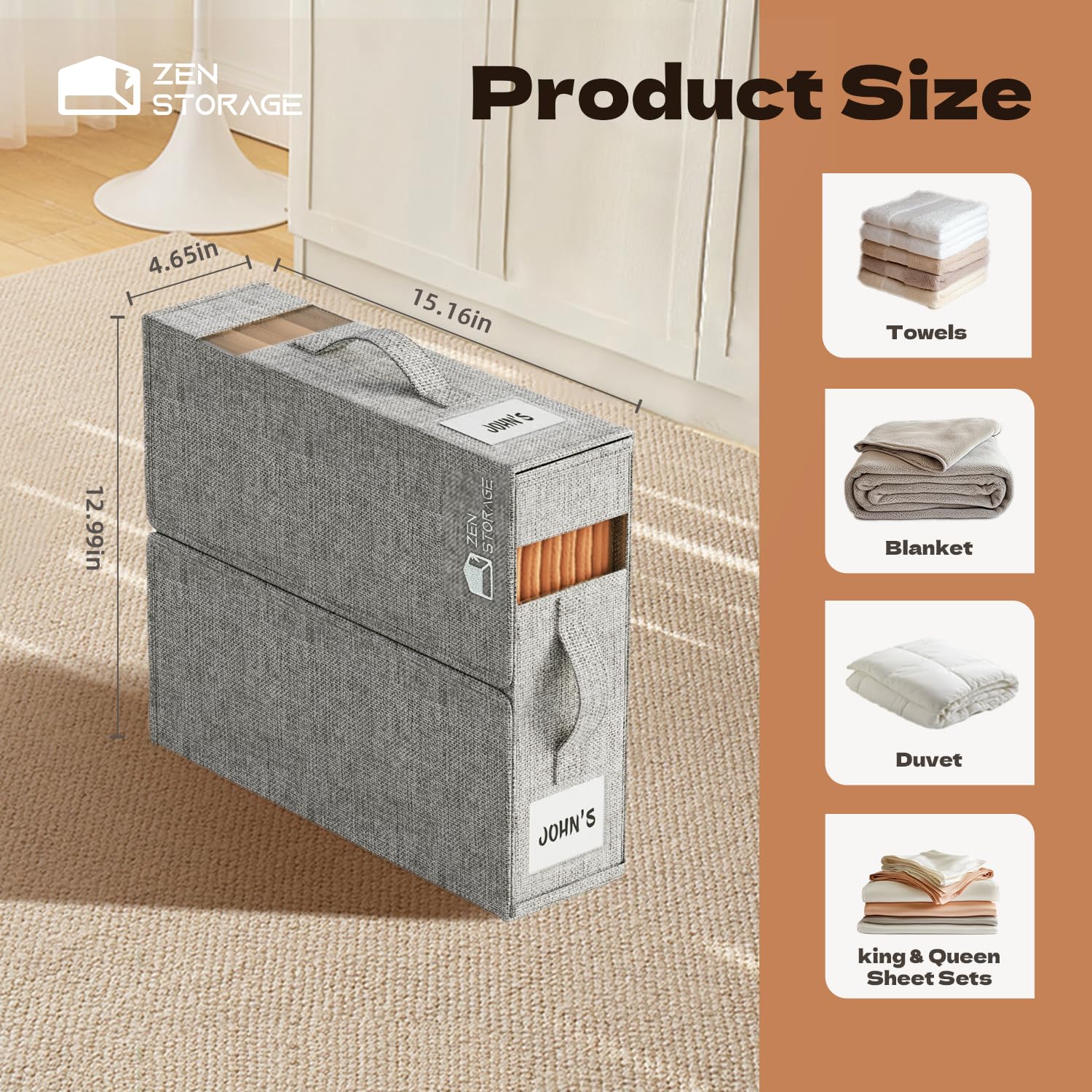 4 Pack Foldable Sheet Storage Box with Handle - King & Queen Size Closet Organizer for Bed Sheets, Blankets, Coverlets & Towels (Beige) | Space-Saving Solution for Bedroom, Linen Closet & RV Storage