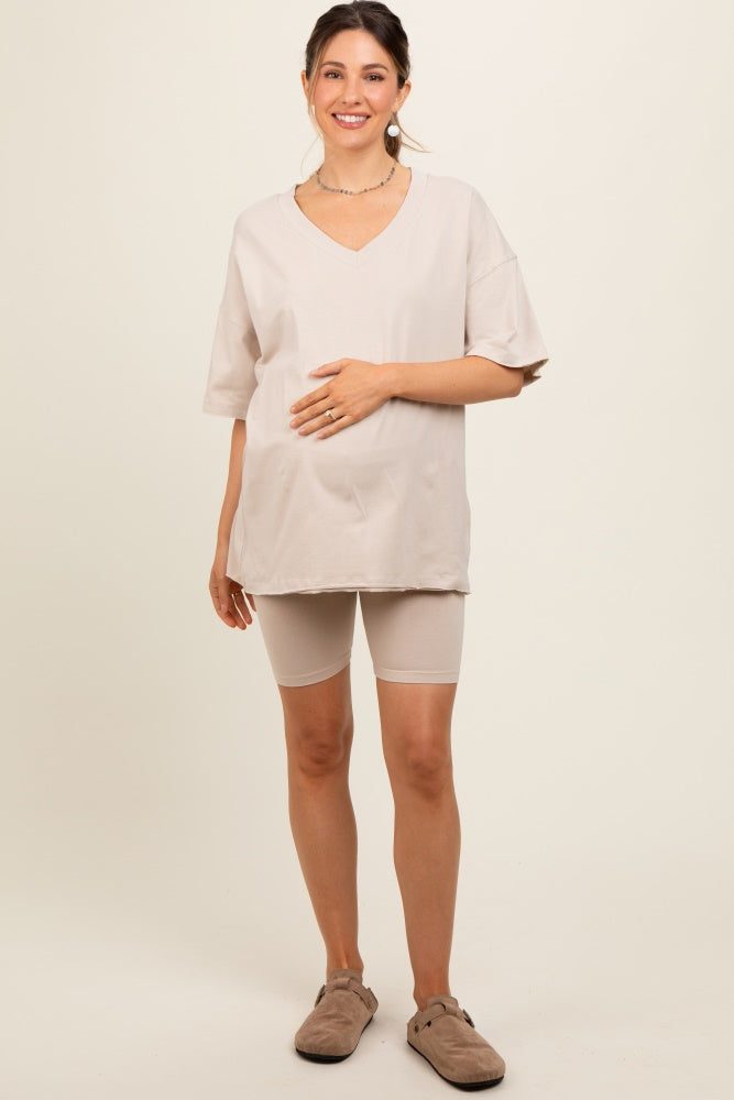 Beige Oversized V-Neck Maternity Biker Shorts Set - Comfortable Pregnancy Workout & Lounge Wear for Active Moms