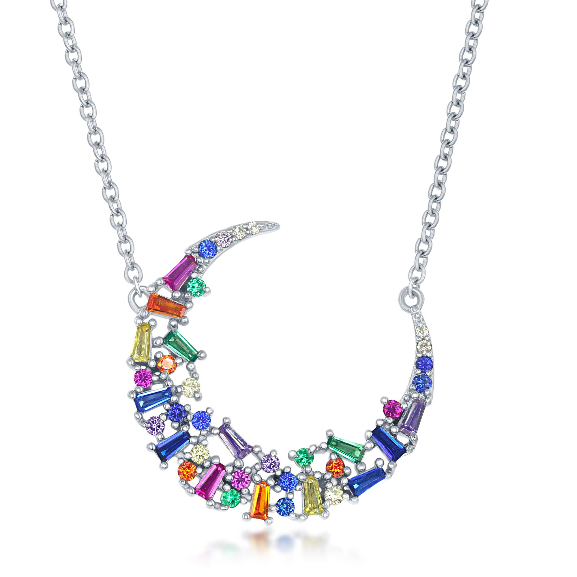 14K Sterling Silver Rainbow Baguette Cubic Zirconia Crescent Moon Pendant Necklace 16+2