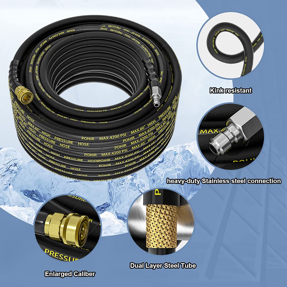 POHIR 125FT High Pressure Washer Hose with Quick Connector - for 4200 PSI Pressure Washers, Car & Home Cleaning