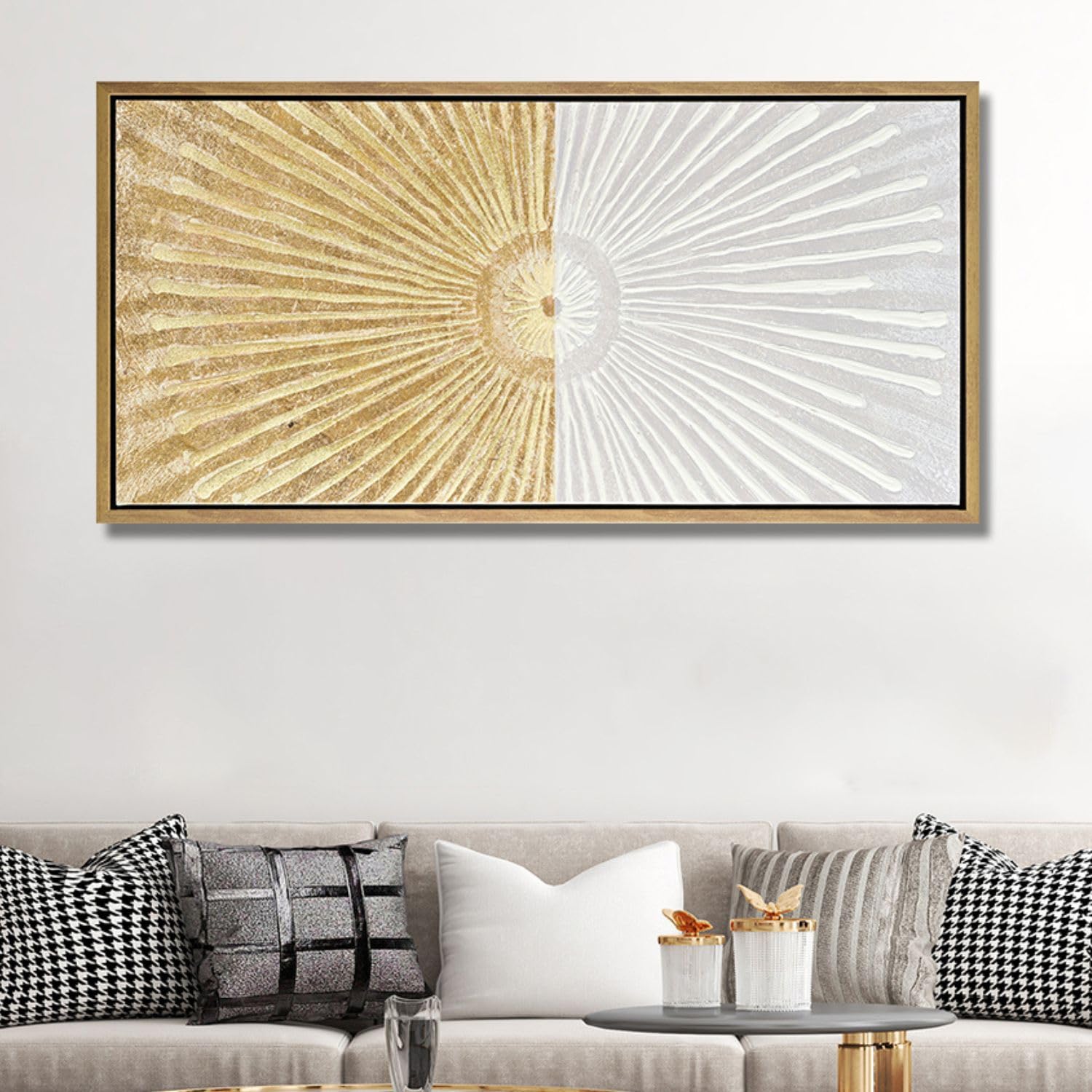 Abstract Modern White & Gold Symmetrical Line Framed Canvas Wall Art - 24