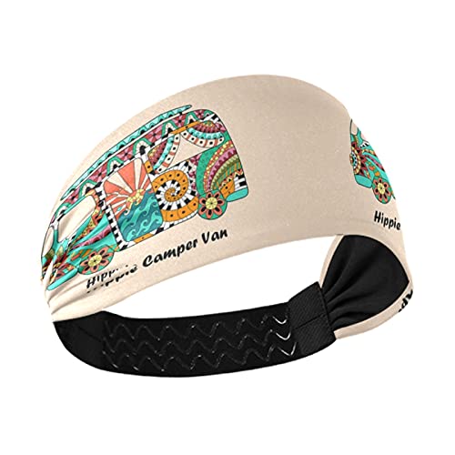 Colorful Hippie Camper Bus Peace Sign Mini Van Headbands for Women - Stretchy Yoga Headband, Breathable Workout Head Wrap, Sweat Wicking Hair Band & Sports Scarf - Perfect for Yoga, Running, Gym & Outdoor Activities