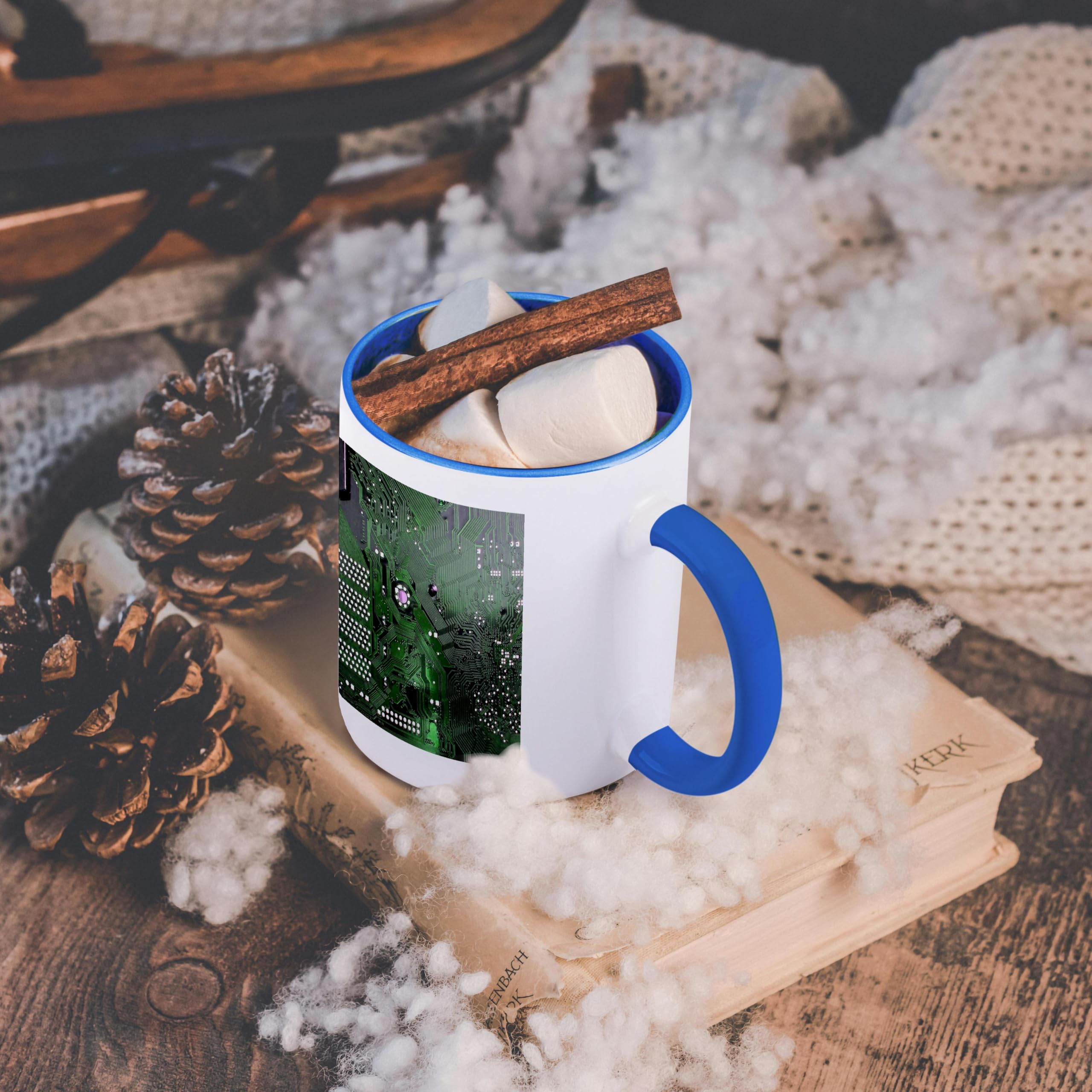 3D Rose Blue and White 11 oz Two-Tone Coffee Mug - Green Computer Chip Macro Photography Microchip Motherboard Electronics Circuits Design - Perfect for Tech Enthusiasts, Office Use, and Gift Giving