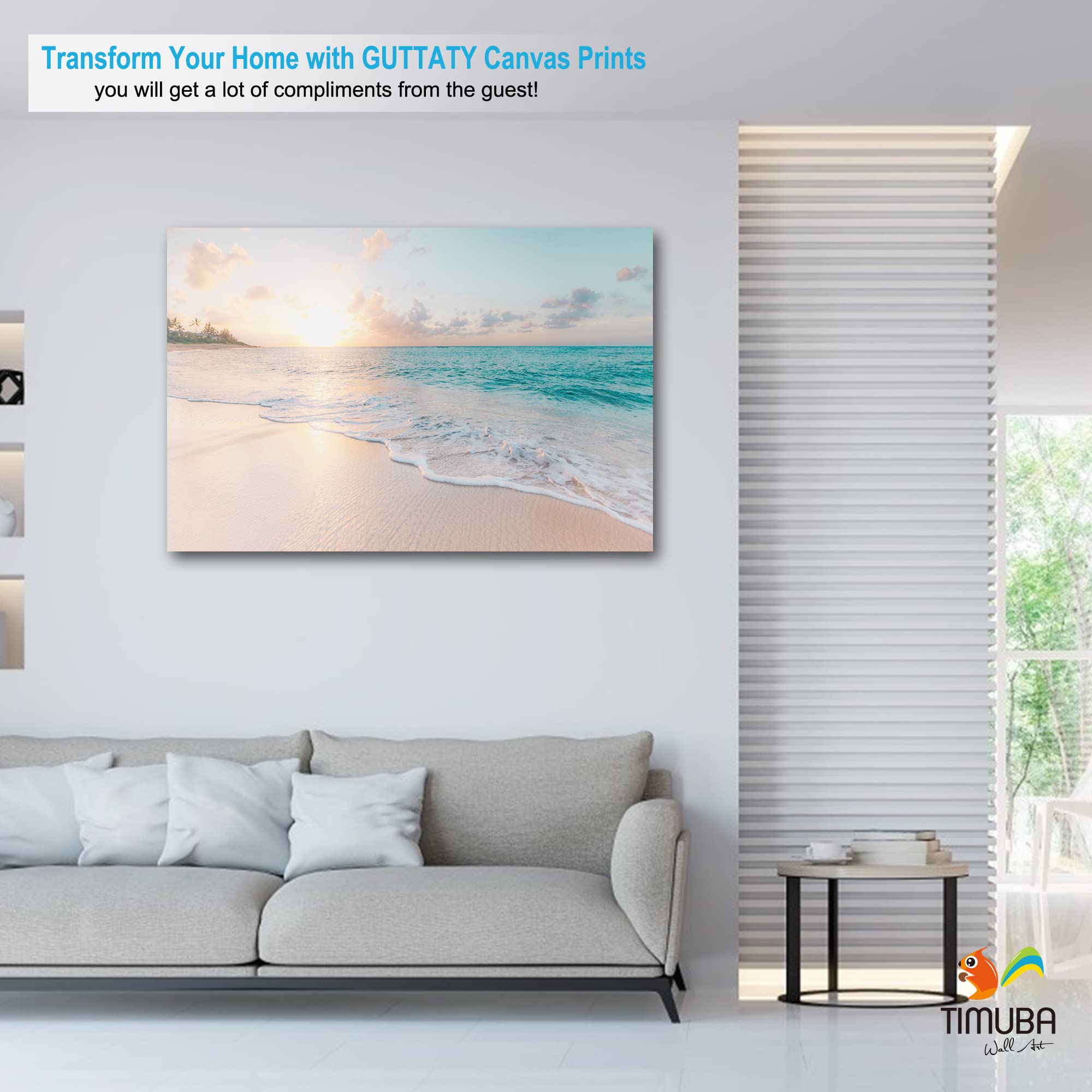 Beach Wall Art Canvas - Ocean Sunset Pictures for Bathroom & Living Room Decor - 32x48 Inches Coastal Themed Wall Decor - Perfect for Beach House, Spa Bathroom or Coastal Style Home Decor