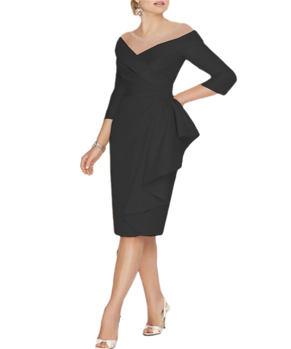 Elegant V-Neck 3/4 Sleeve Formal Wedding Guest Dress for Mother of The Bride - Flattering Ruching Design LS025 | Perfect for Weddings, Parties & Special Occasions