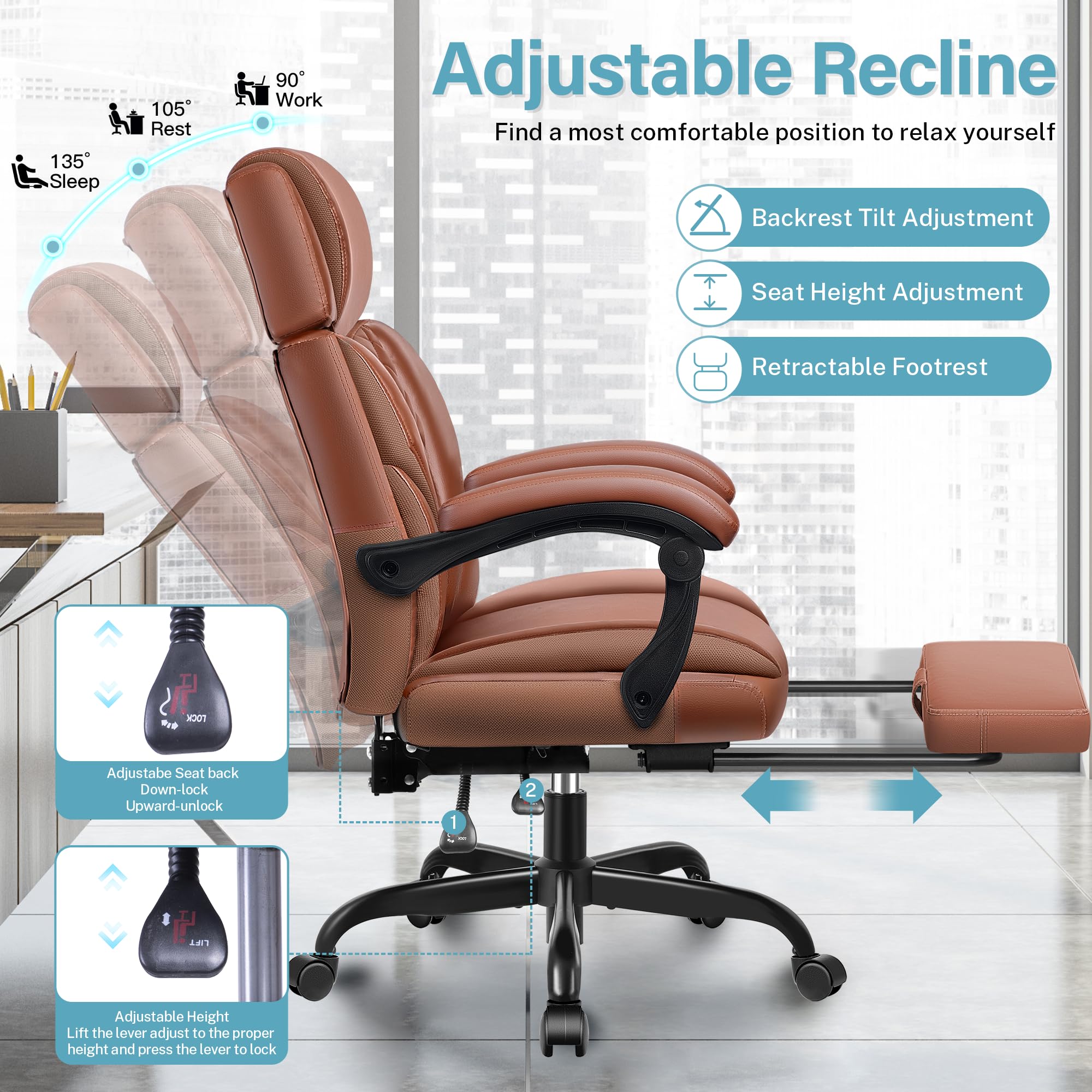 Premium Executive Leather Office Chair - Big & Tall Ergonomic Desk Chair with Adjustable Lumbar Support, Footrest & Reclining Function - Perfect for Home Office, Gaming & Professional Workspaces