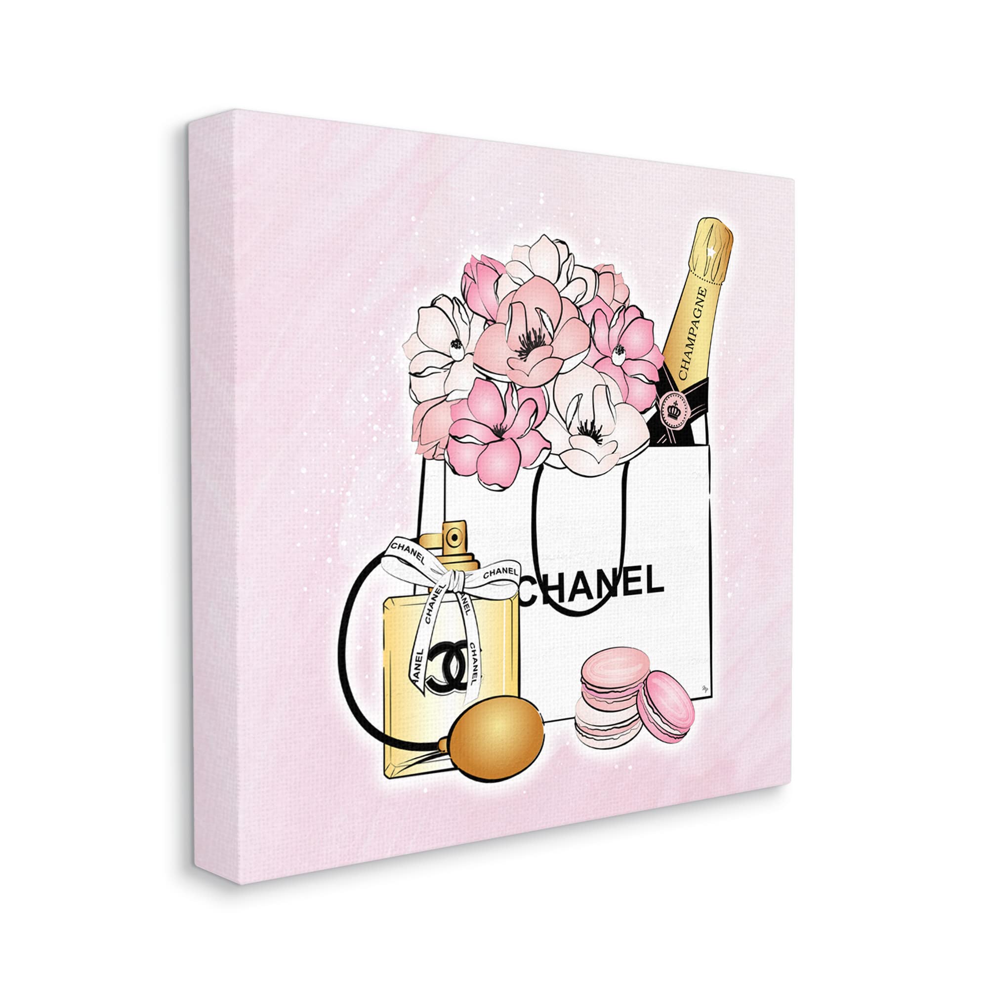 Stupell Industries Golden Perfume Flowered Fashion Shopping Bag with Confectionary Macaroons Print - Designed by Martina Pavlova | Trendy Reusable Grocery Tote for Women, Perfect for Shopping, Beach & Daily Use