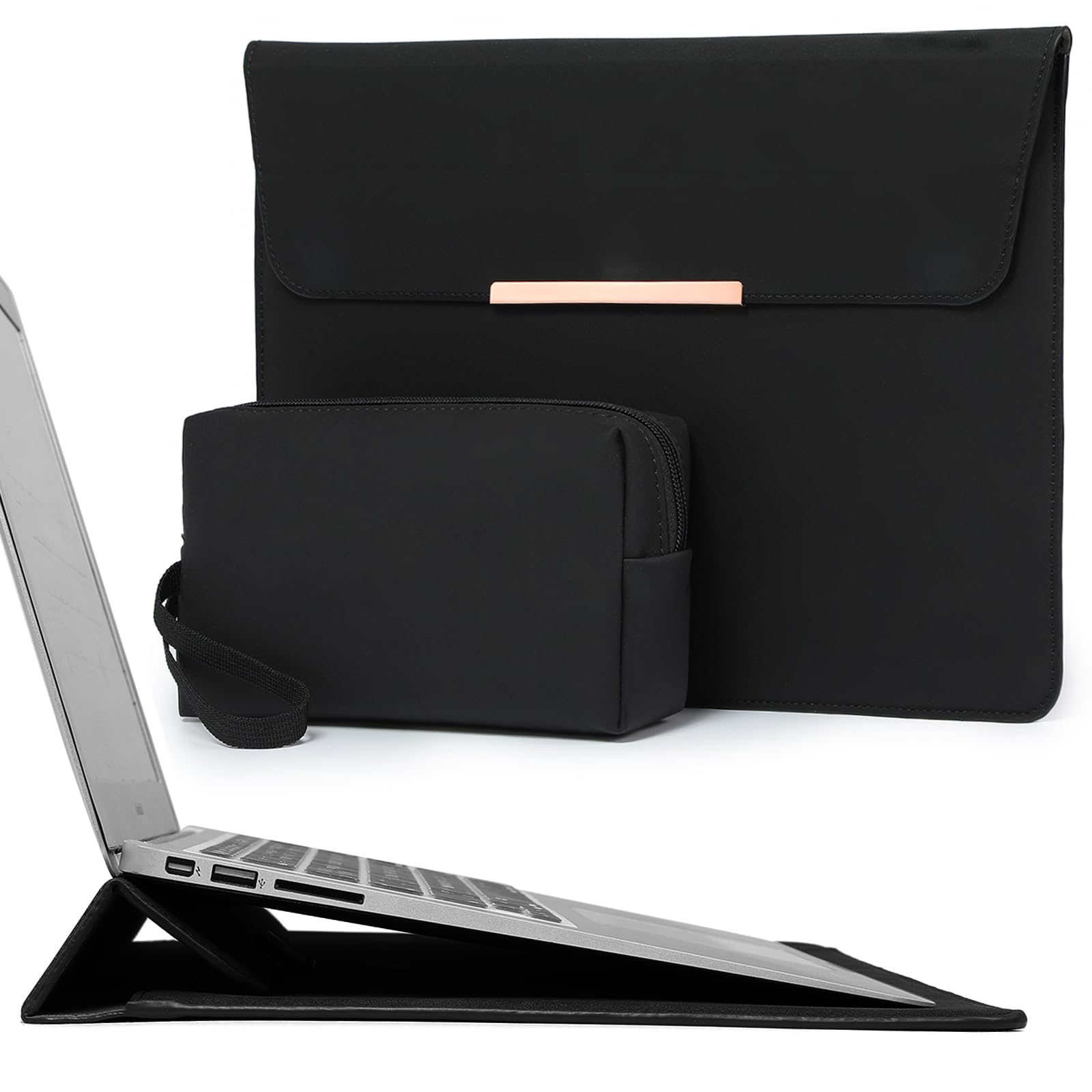HYZUO 15-16 Inch Laptop Sleeve Case with Stand - Compatible with MacBook Pro 16 M4/M3/M2/M1 Pro/Max (2025-2019), MacBook Pro 15 (2015-2012), Dell XPS 15, Samsung Galaxy Book Flex/Pro 15 - Protective Black Laptop Bag with Smiley Design - Perfect for Work, Travel & School