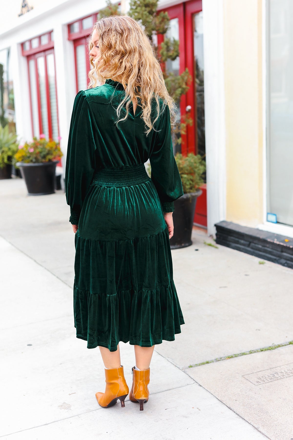 Holiday Dreaming Hunter Green Velvet Mock Neck Smocked Waist Dress for Women - Elegant Holiday Party & Christmas Dinner Outfit