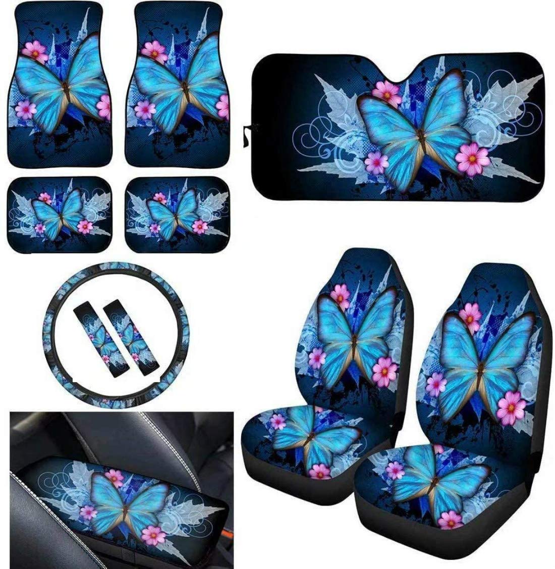 Chaqlin Blue Butterfly 11-Piece Car Seat Cover Set with Steering Wheel Cover - Universal Bucket Seat Protector for Cars & Vans | Durable Weave Saddle Blanket Design | Perfect for Road Trips & Daily Commute
