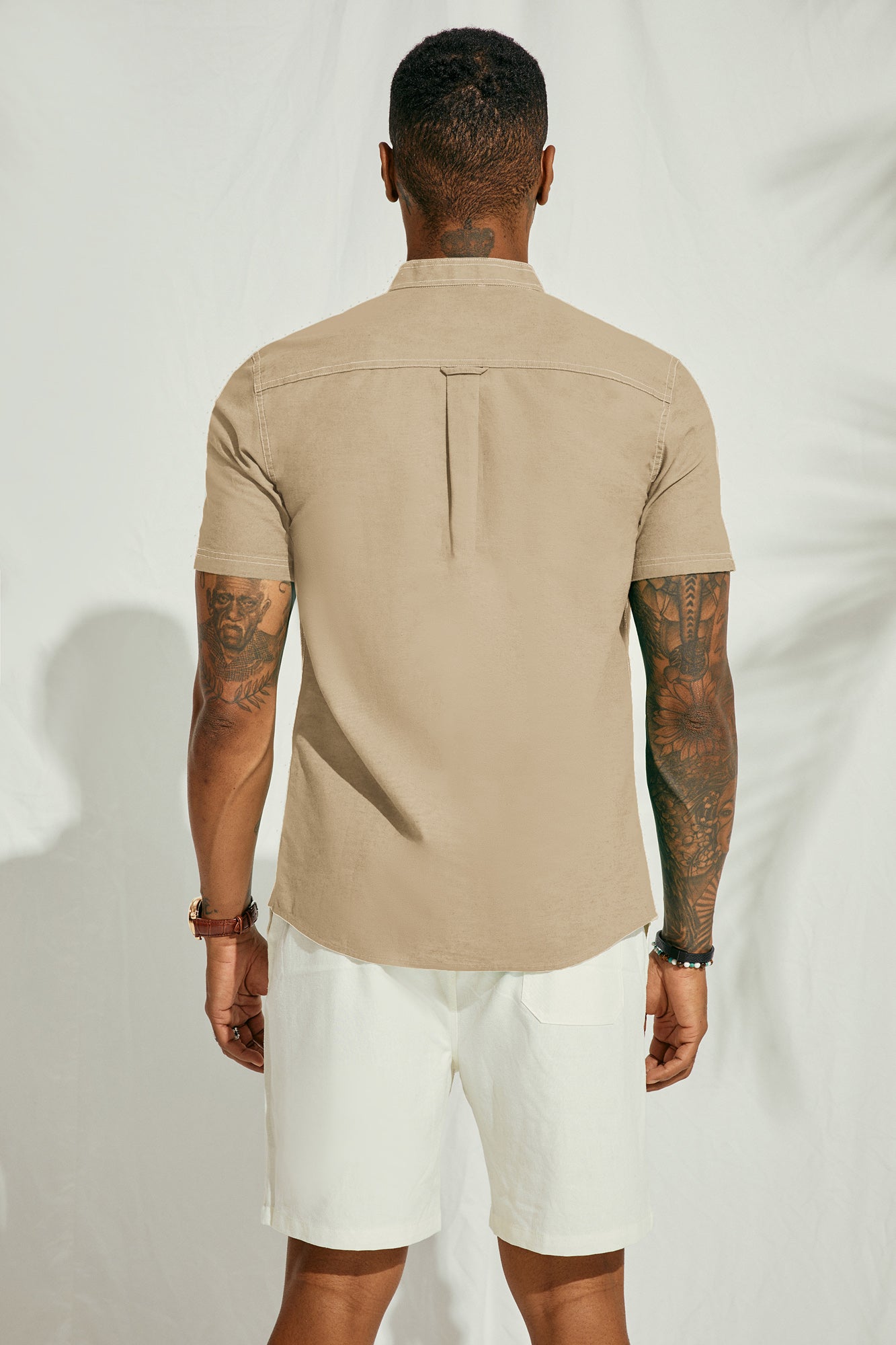 Men's Linen Henley Shirts - Band Collar Short Sleeve Casual Shirt for Summer, Beach & Outdoor Activities - Breathable & Lightweight Hippie Style Top for Travel, Music Festivals & Boho Fashion