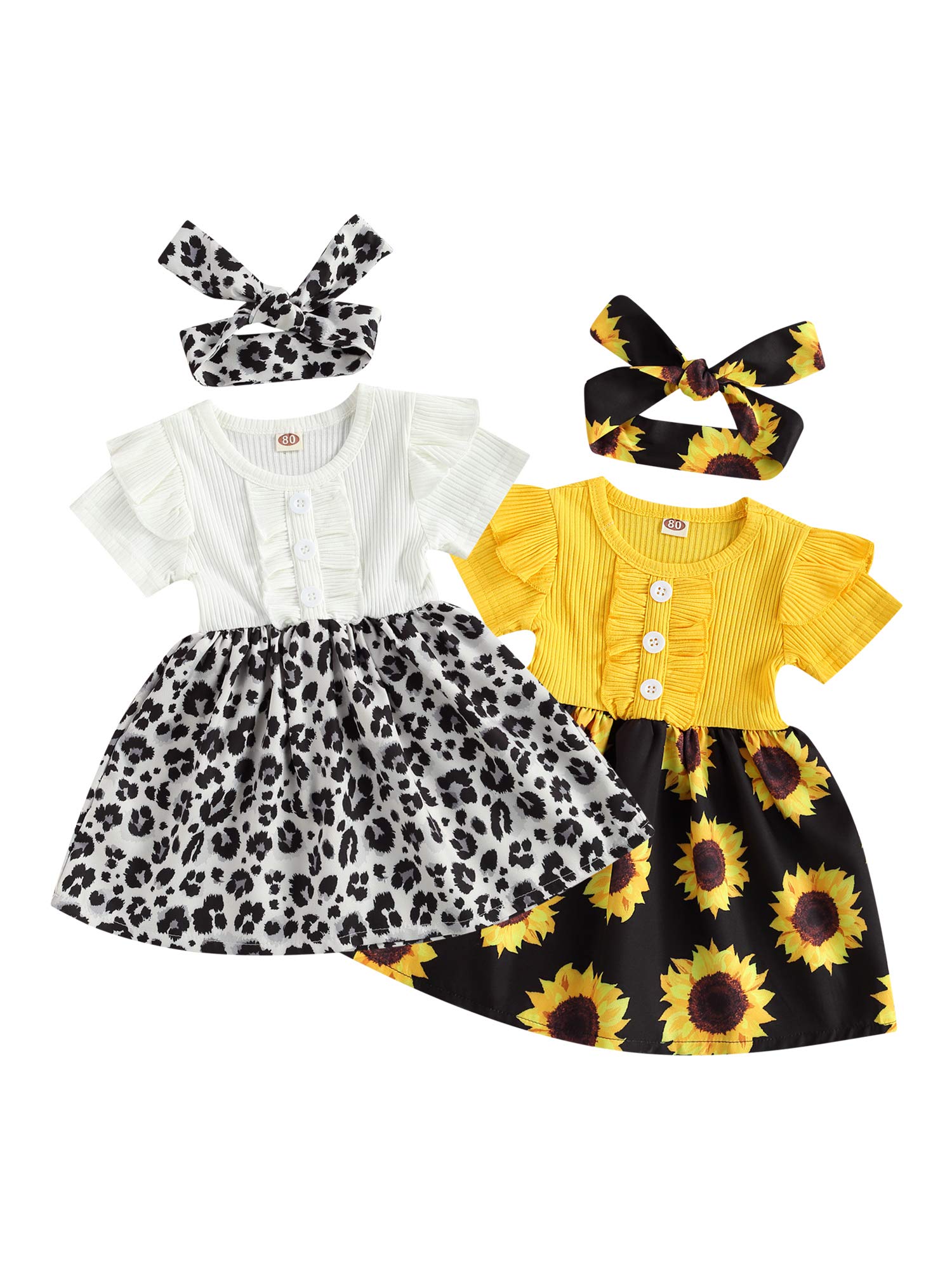 Floral Girls Summer Dress - Short Sleeve Ruffle One-Piece with Round Neck for Kids (White/Yellow) | Perfect for Playdates, Birthday Parties & Family Outings