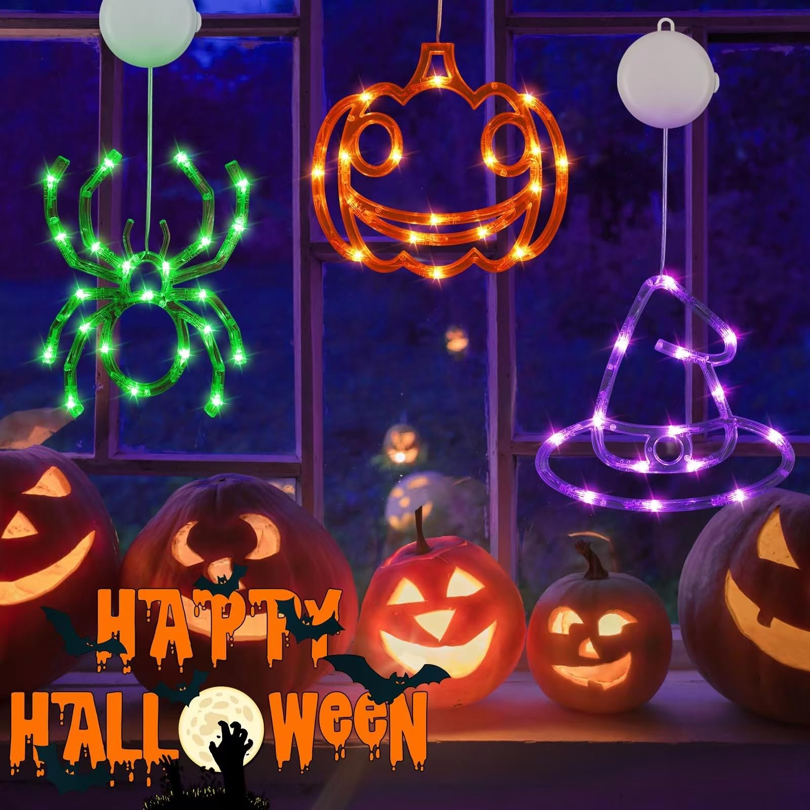 3 Pack Halloween Decorations - Orange Pumpkin, Purple Witch Hat & Green Spider LED Lights with Suction Cups | Battery Operated, Timer & 2 Lighting Modes | Perfect for Window, Door & Indoor Halloween Party Decorations