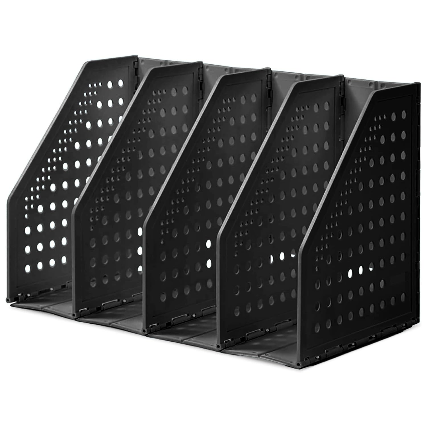 Deli Collapsible Magazine File Holder - 4 Vertical Compartment Adjustable Desk Organizer | Sturdy Binder Storage for Office, School & Home (Black) | Perfect for Organizing Documents, Books & Office Supplies