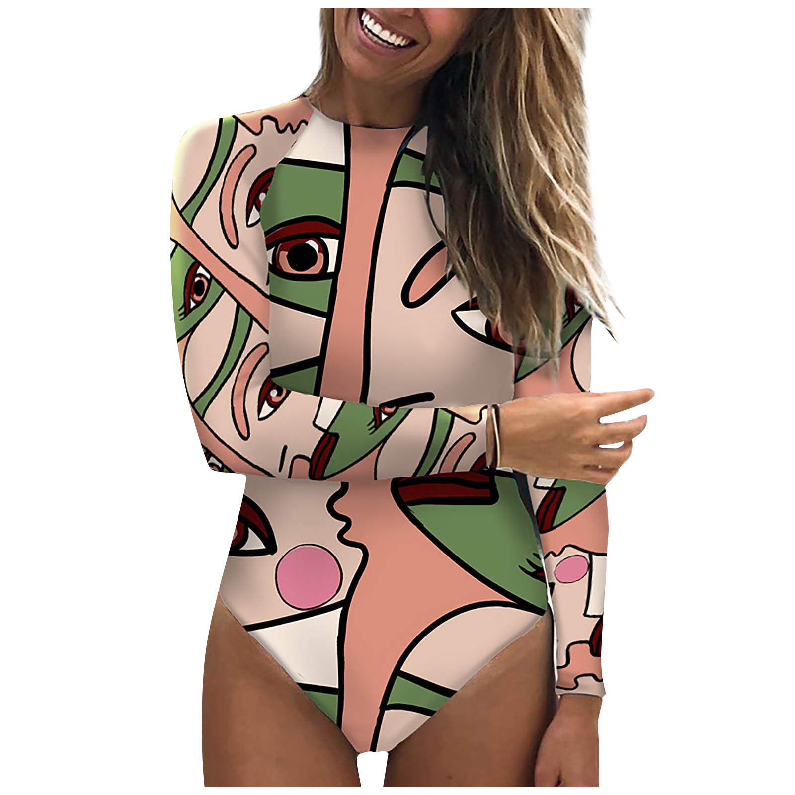 FMCHICO Women's One Piece Bathing Suit - Cute Long Sleeve Rash Guard Swimsuit with Print Design for Women & Girls | Perfect for Surfing, Swimming & Beach Activities