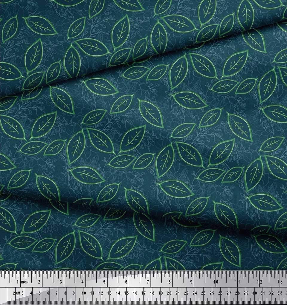 Soimoi Moss Georgette Blue Fabric by The Yard - 42 Inch Wide Artistic Leaves Printed Fabric for DIY Crafts, Dressmaking, Home Decor & Scarf Making