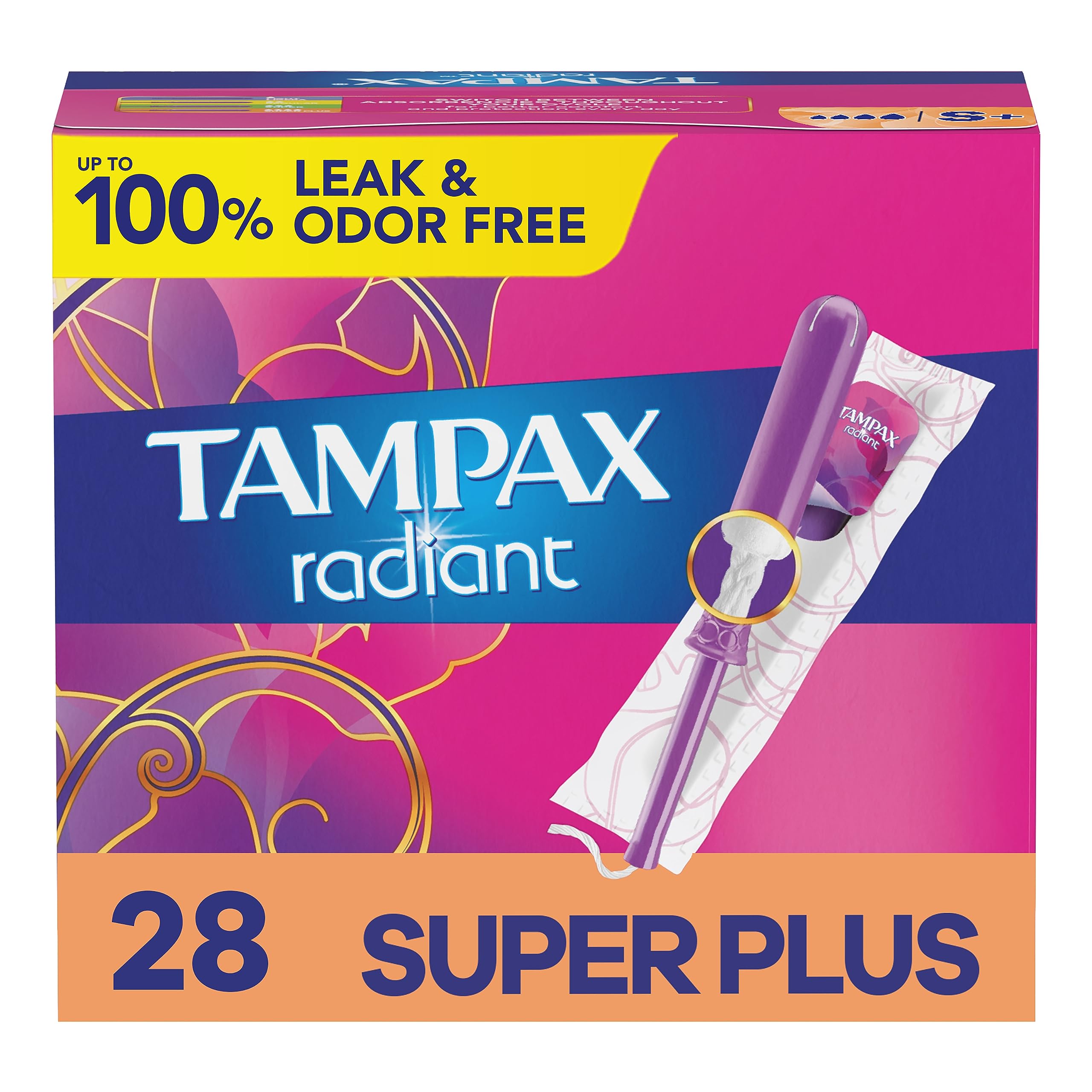 Tampax Radiant Tampons with LeakGuard Braid - Super Plus Absorbency, Unscented, 28 Count x 3 Pack (84 Total) - Reliable Protection for Active Women During Sports, Workouts and Daily Activities