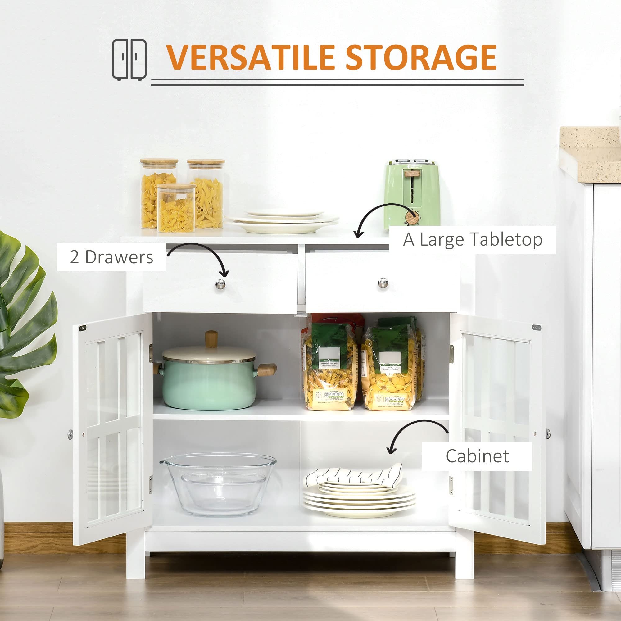 HOMCOM White Sideboard Buffet Cabinet with Glass Doors, Adjustable Shelf & 2 Drawers - Modern Kitchen Storage for Dining Room, Living Room, or Entryway Organization
