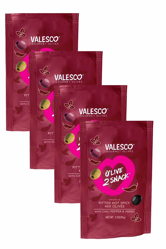 Valesco Gourmet Pitted Hot Spicy Mix Olives with Chili Pepper & Herbs - 3 oz (Pack of 4) | Premium Snacking Olives for Charcuterie Boards, Cocktails & Mediterranean Recipes | Spicy Olive Snack for Parties & Healthy Eating